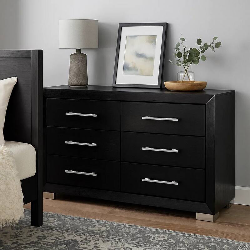 Ashen Wide Dresser, 6 Drawers, Black Solid Wood, Chrome Metal