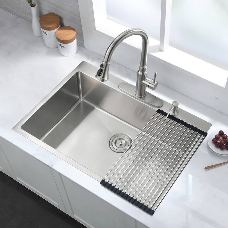 Stainless Steel Single Bowl Drop-in Kitchen Sink with Basket Strainer and Sink Grid - 30" x 22"