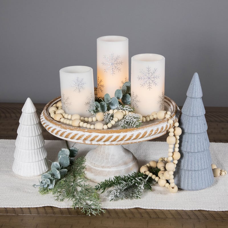 LED Flameless Flickering Wax Pillar Snowflake Christmas Candles - 6" - Set of 3