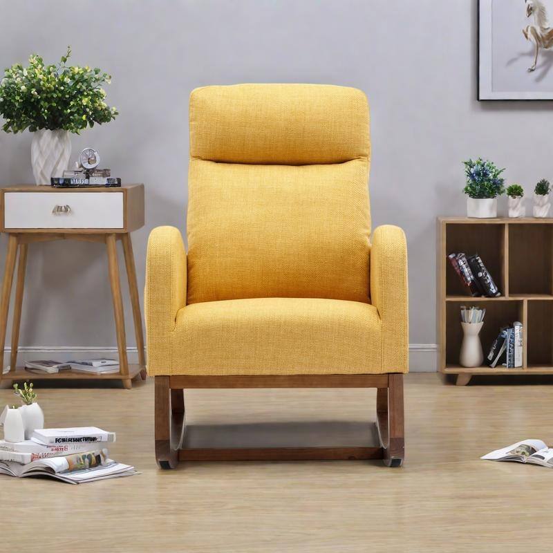 Linen High-Back Rocking Chair with Recliner Function, Side Pocket, and Solid Wood Legs