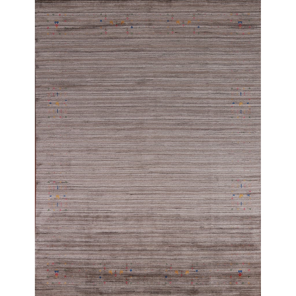Striped Brown Gabbeh Indian Area Rug Hand-Knotted Wool Carpet - 8'1" x 9'8"