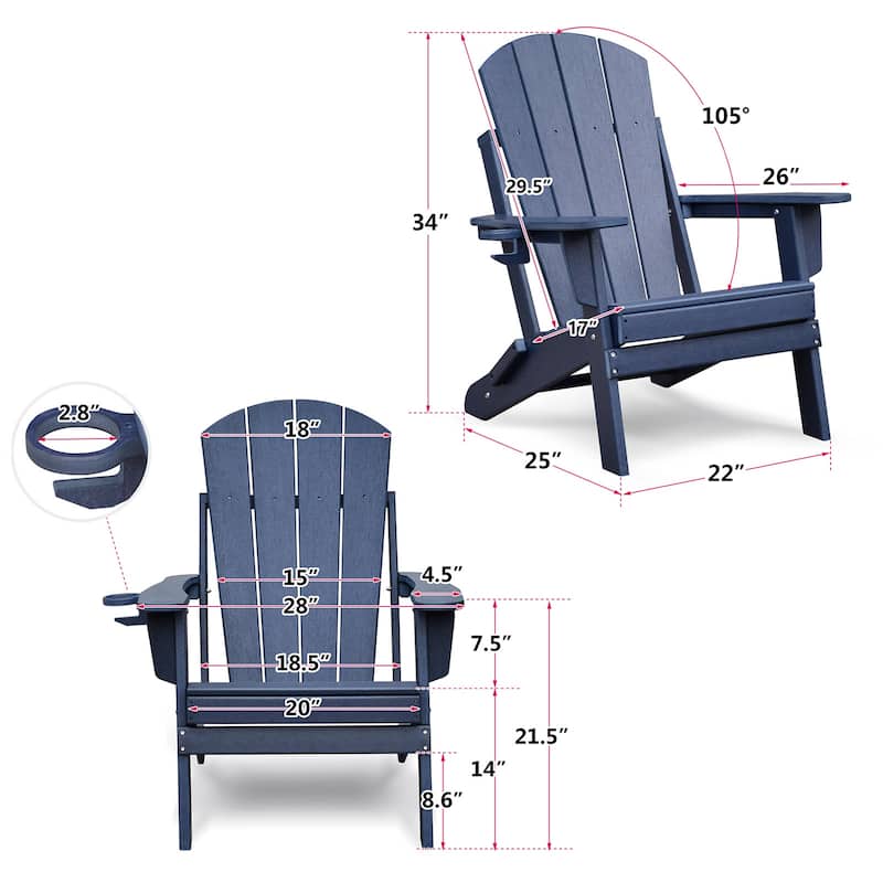 Folding Outdoor Adirondack Chair for Relaxing, HDPE All-weather Fire Pit Chair, Patio Lawn Chair for Deck, Garden, Backyard
