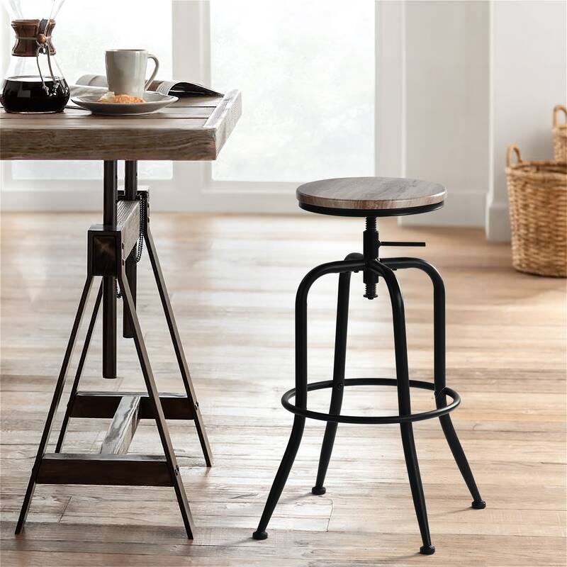 Homy Casa Set of 2 Adjustable Height Industrial Bar Stools with Swivel Wood Seat-Ideal for Kitchen Islands and Home Bars - N/A