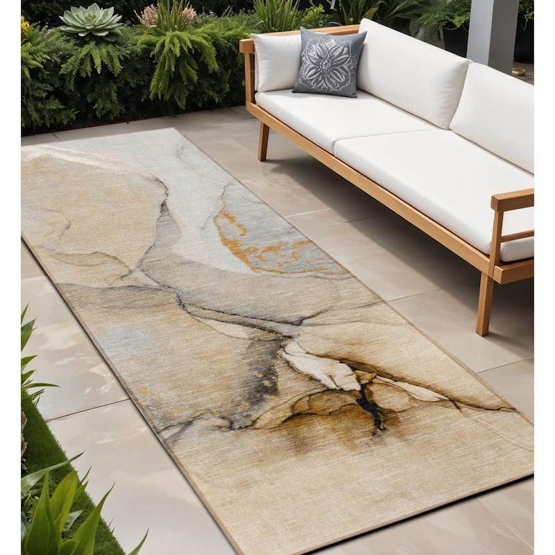 Elfi Contemporary Abstract Weather Resistant Classic Meets Modern Outdoor Rug - 8' Runner - Beige