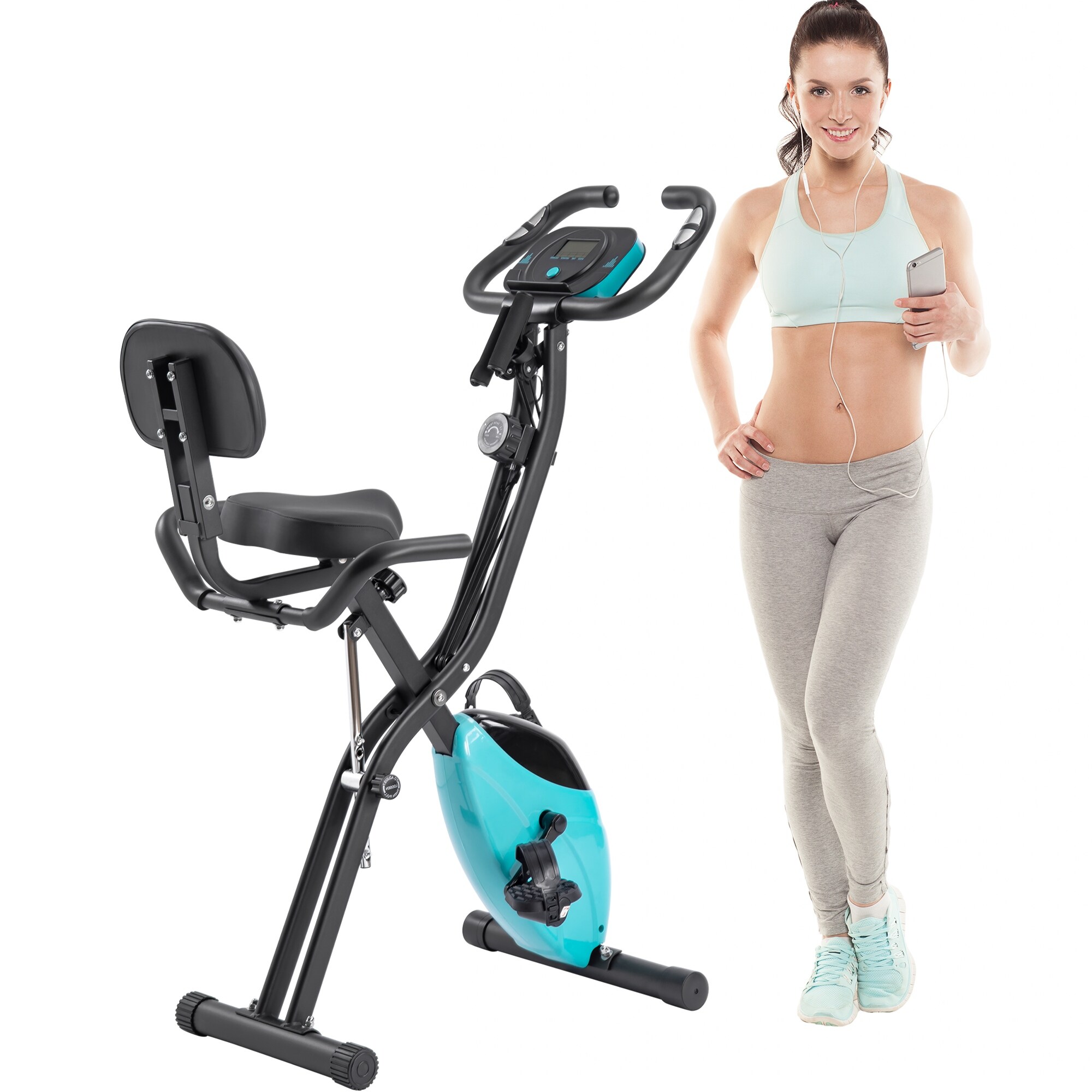 Folding Exercise Bike Fitness Upright and Recumbent X Bike with 10 Level Adjustable Resistance Arm Bands and Backrest Green