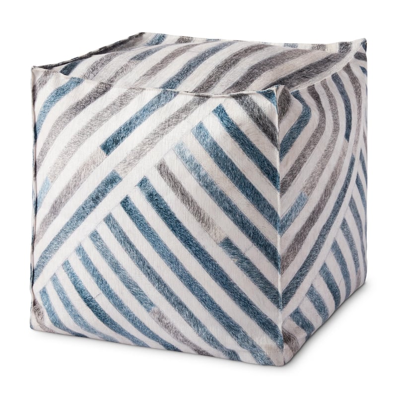 Alexander Home Bryce Faux Fur Striped Pouf - 18"W x 18"D x 18"H - Ivory / Blue / Black