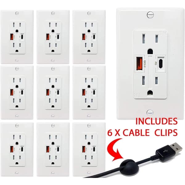 White 15A Quick Charging  Type A & C USB Charger Outlet - 15 Amp  Tamper-Resistant Receptacle - Wall Plate Included (10 Pack) - Overstock -  30687853