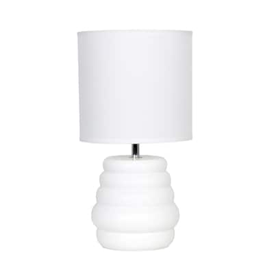 Stacked Ceramic Mini Table Lamp with Fabric Drum Shade Modern Sculptural Accent Lighting Compact Design