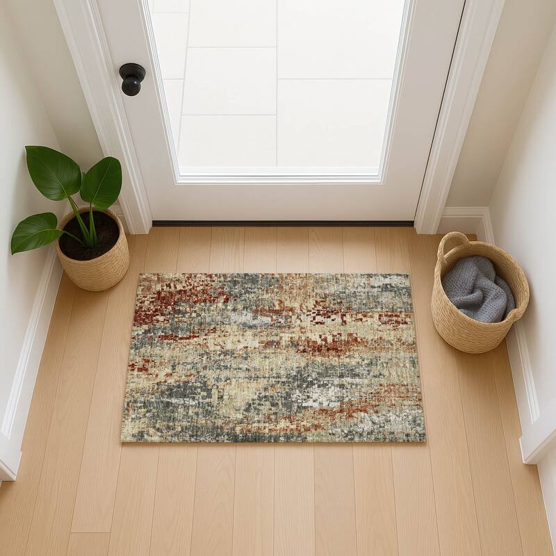 Machine Washable Indoor/ Outdoor Abstract Pixels Chantille Rug
