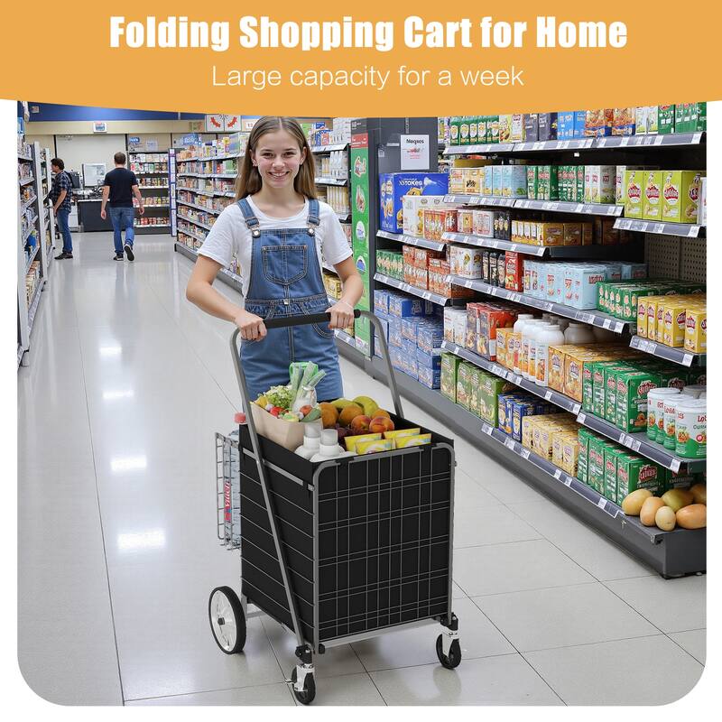 Foldable Bigger Super Jumbo Shopping Cart with Brake and 360 Rolling Swivel Wheels