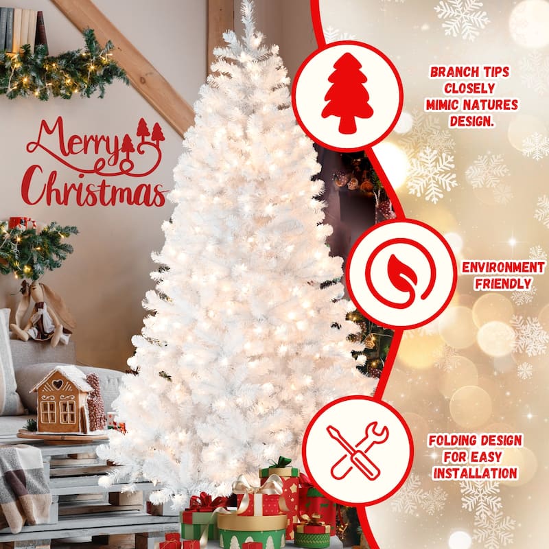 7.5FT Pre-Lit Christmas Tree with Memory Wire-450 Warm Incandescent Lights,1240 Tips,Automatic Unfolding Design,Metal Stand