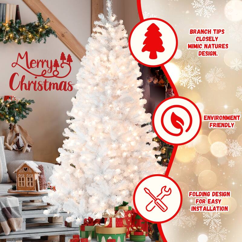 Pre-Lit White Artificial Christmas Tree - Memory Wire, Incandescent Lights, Auto-Unfold, Metal Stand