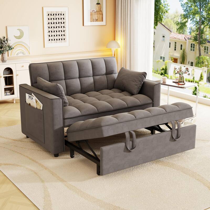 Anmytek Modern Velvet Small Loveseat Pull Out Sleeper Sofa Bed with Pillows and Side Pockets