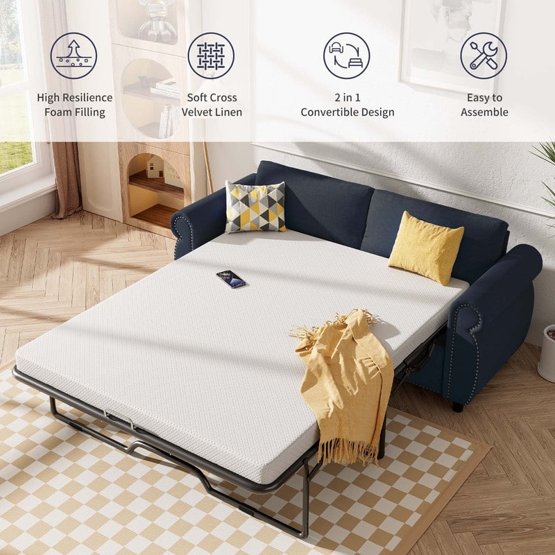Mixoy Full/Queen Size Pull Out 2 in 1 Sleeper Sofa Bed with Mattress,Convertible Upholstered Loveseat with Nailhead