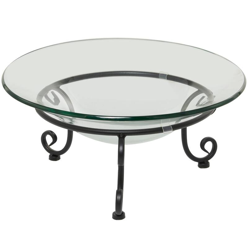 Clear Tempered Glass Kitchen Serving Bowl with Black Metal Scroll Stand