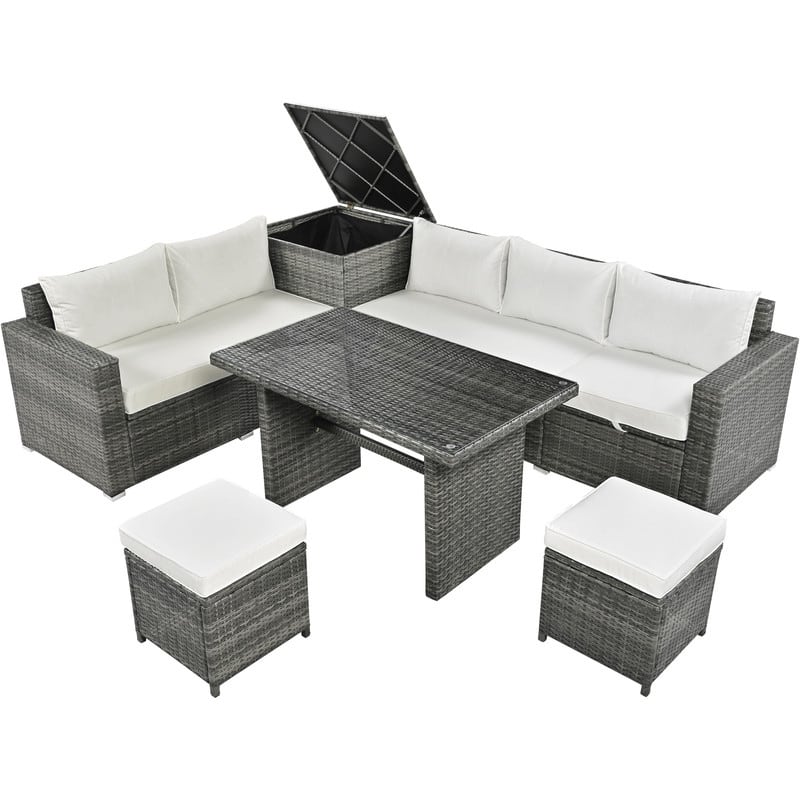 6-Piece All-Weather PE Rattan Patio Set – Adjustable Seating, Storage Box, Removable Covers & Tempered Glass Table Top‌