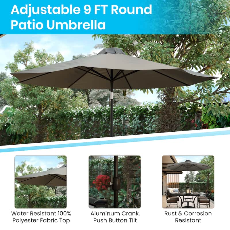 Black Steel Framed 35" Square Faux Teak Patio Table-Tan 9FT Patio Umbrella-Base