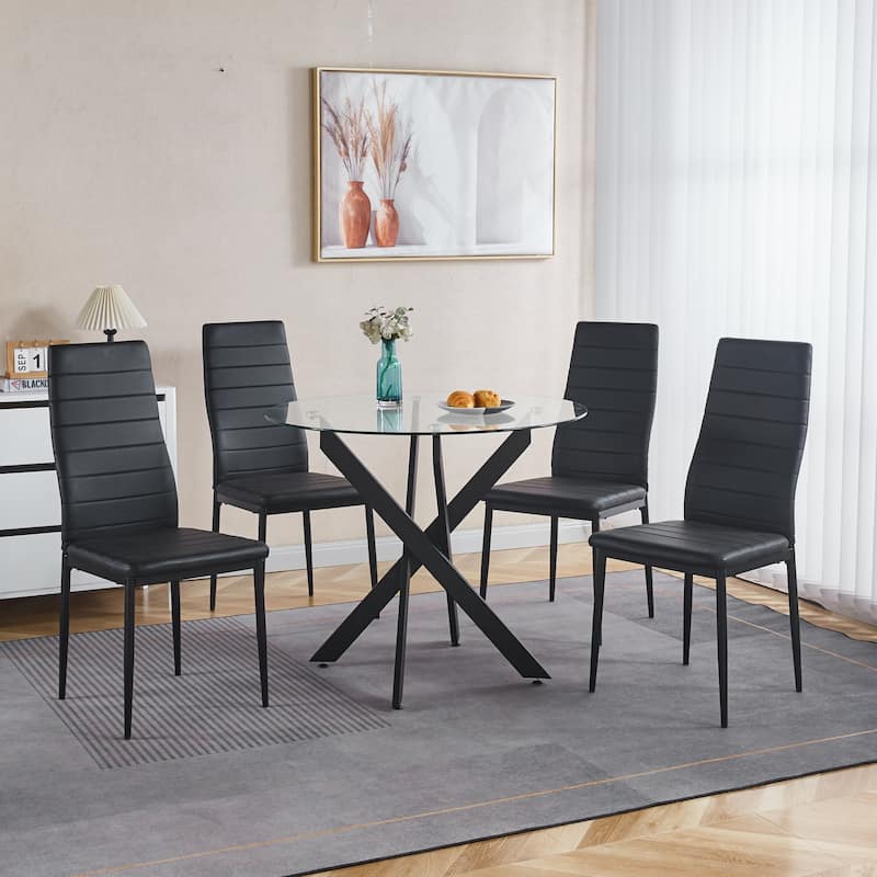Modern Round Glass Dining Table for 2 to 4 Person, Circle Kitchen Table with Tempered Glass Top and Cross Metal Legs