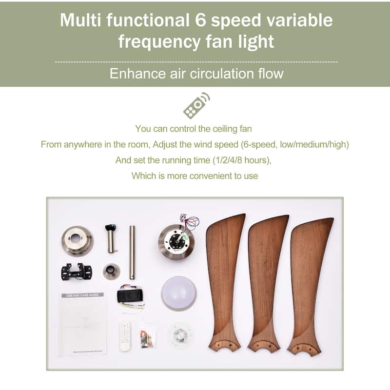 52" Solid Wood Blades Ceiling Fan with Lights Remote Control, Quiet DC Motor 3 Blade Ceiling Fans 6 Speed Levels