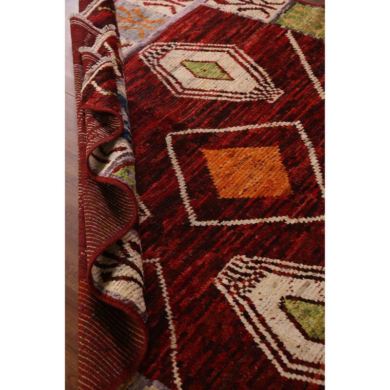 Red Geometric Moroccan Area Rug Hand-Knotted Wool Carpet - 6'10" x 9'9"