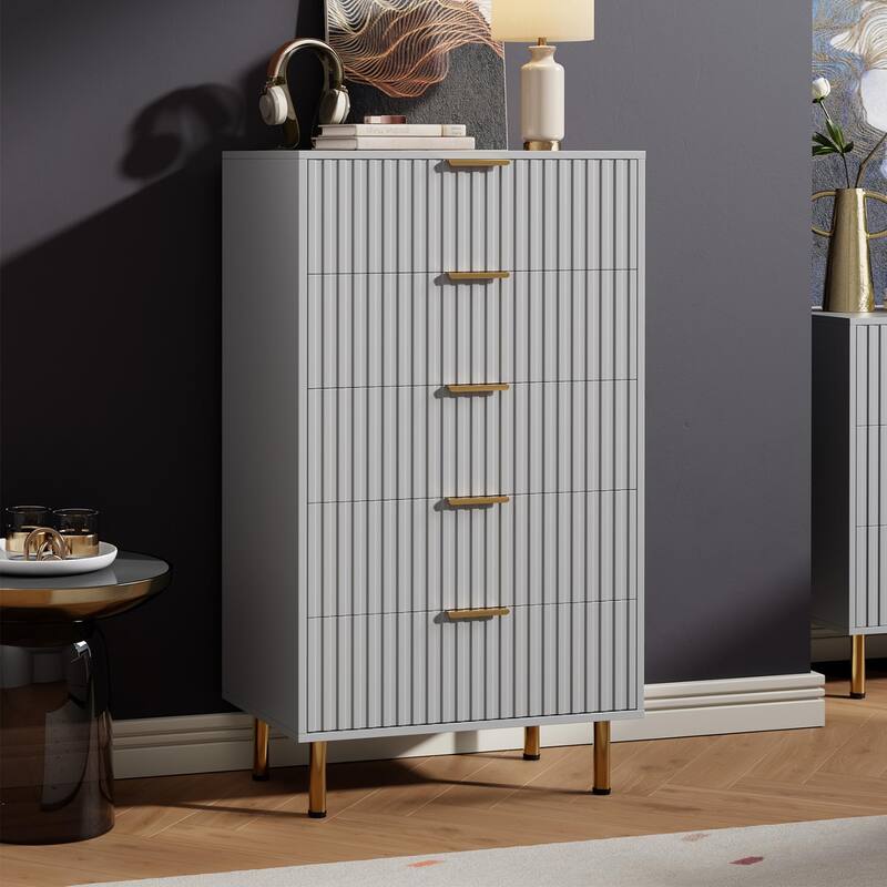5 Drawer Fluted Dresser for Bedroom, Tall Modern Chest of Drawers with Deep Storage and Wide Top - Grey