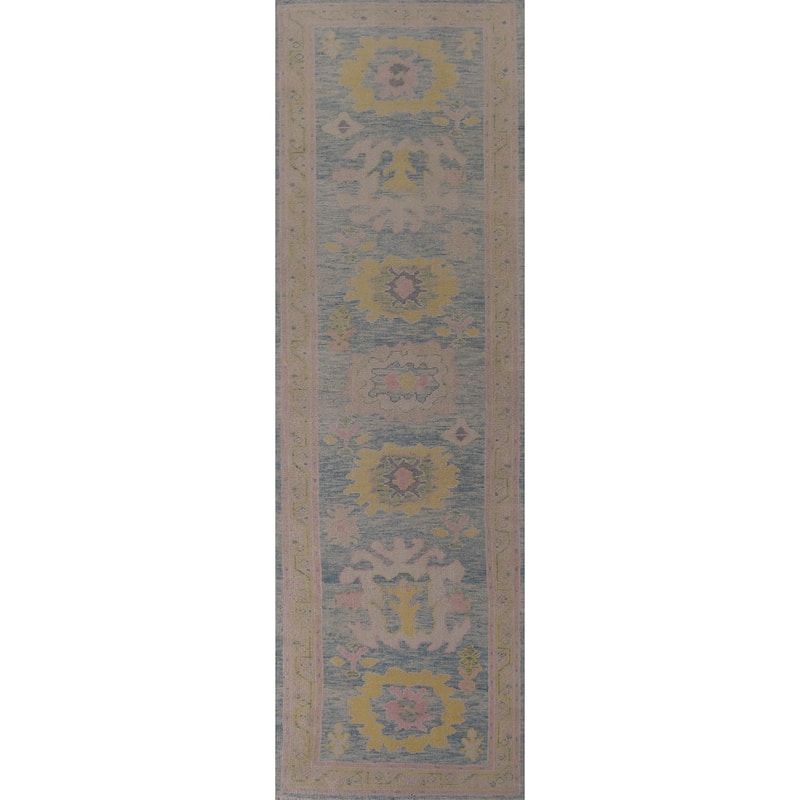 Hand Knotted Oriental 100% Wool Carpet Transitional Floral Navy Blue & Blues Oushak Runner Rug - 12' 9'' X 3' 2''