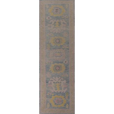 Hand Knotted Oriental 100% Wool Carpet Transitional Floral Navy Blue & Blues Oushak Runner Rug - 12' 9'' X 3' 2''