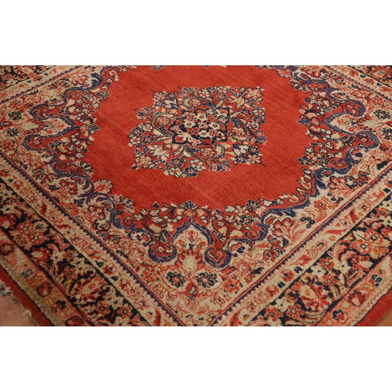 Orange Medallion Sarouk Persian Square Rug Handmade Wool Carpet - 5'1"x 5'2"