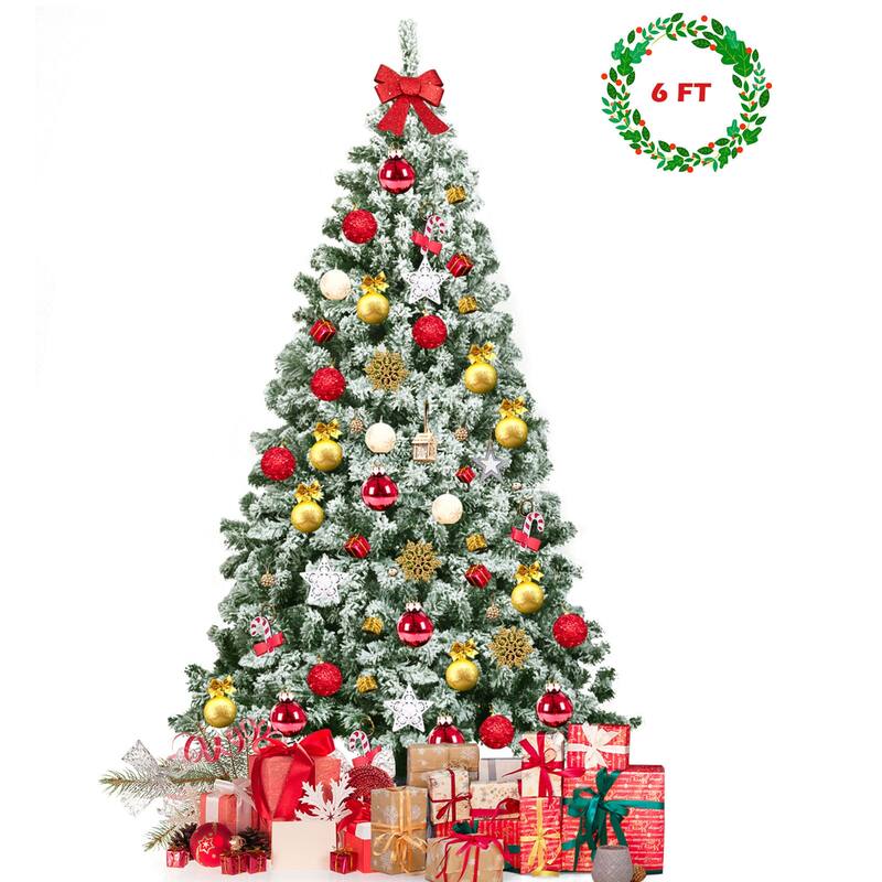Gymax 6ft Snow Flocked Christmas Tree Hinged Artificial Pine Tree w/ - See Details