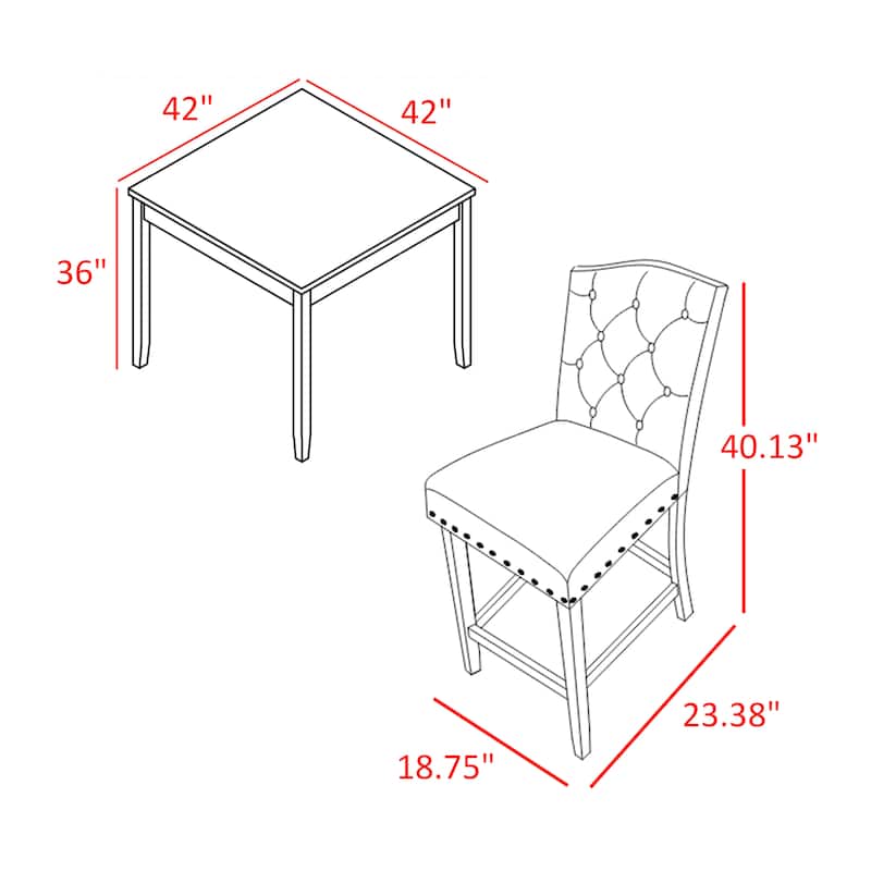 Phy 5pc Counter Table and Chairs Set, Nailheads, Tufted Gray Fabric, Black