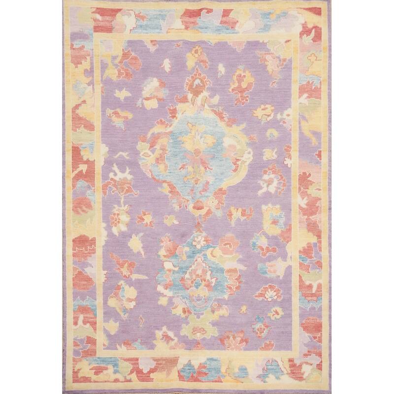 Hand Knotted Oriental 100% Wool Carpet Transitional Floral Purples Oushak Area Rug - 6' 8'' X 5' 1''