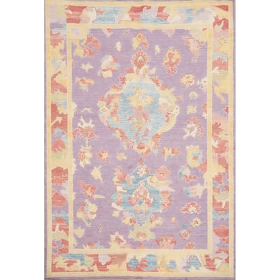 Hand Knotted Oriental 100% Wool Carpet Transitional Floral Purples Oushak Area Rug - 6' 8'' X 5' 1''