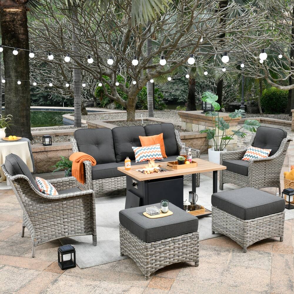 XIZZI 6-piece Wicker Patio Furniture Conversation Seating Set with Fire Pit