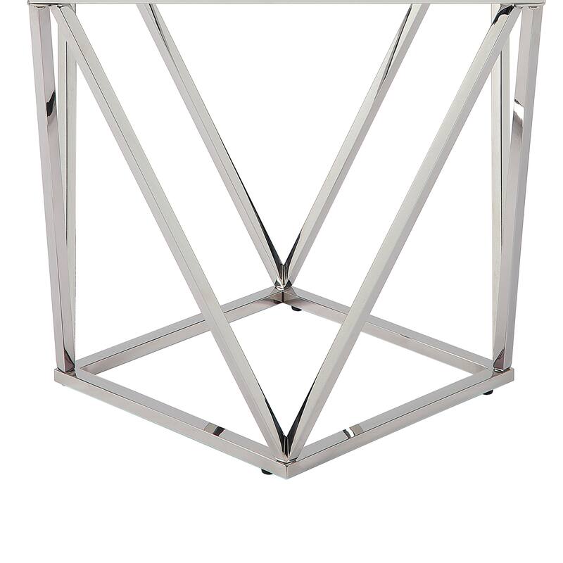 Allie End Table, White Sintered Stone, Silver Stainless Steel 21 Inch