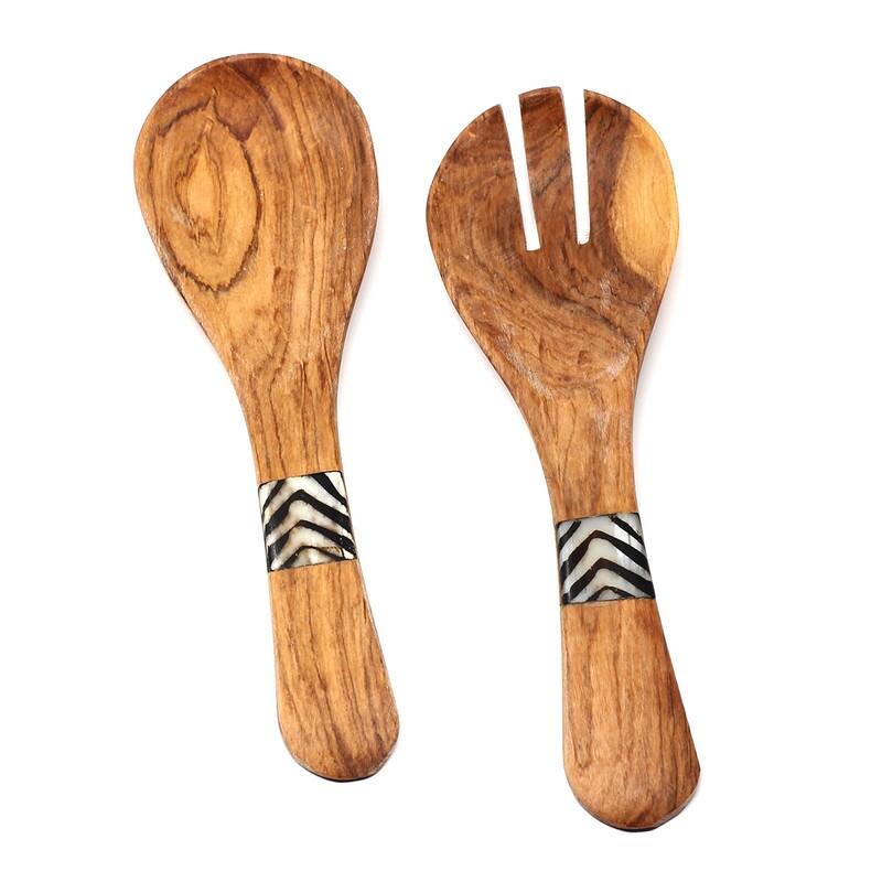 Handmade Olive Wood Serving Utensils with Natural Batik Bone Handles (Kenya)