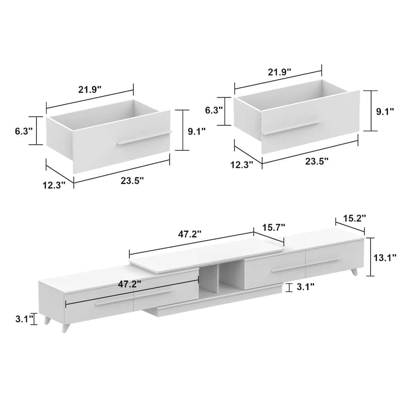 13.1"H Extendable Designs TV Stand with 4 Storage Drawer Black/White