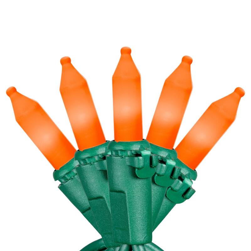 50 Light Traditional LED Christmas Mini Light Set, Patio Lights, Ceramic Bulbs, Green Wire, 25’ - Orange