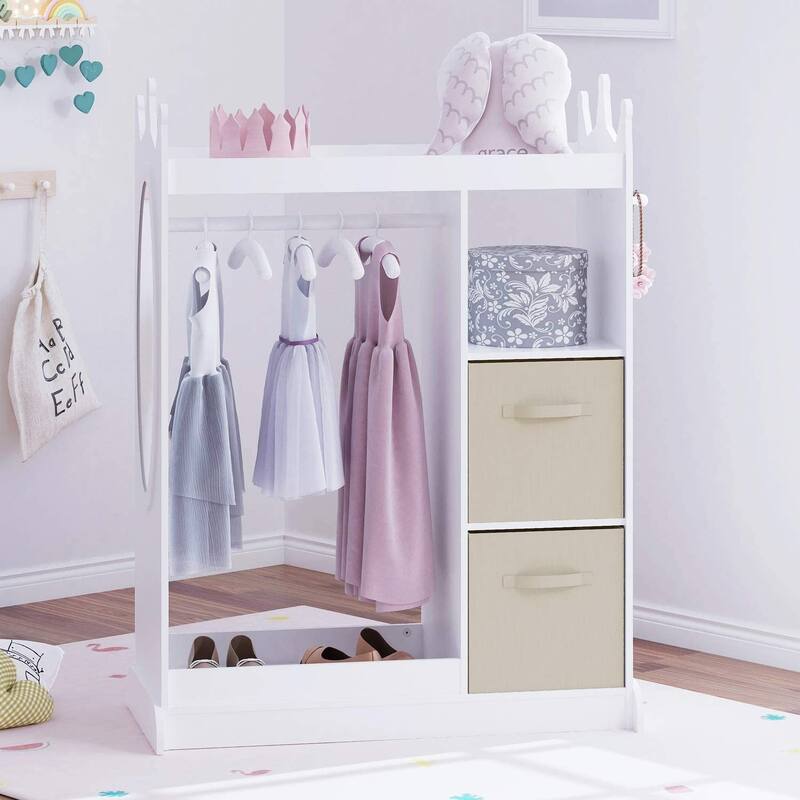 UTEX Kids Dress up Storage with Mirror and Storage Bin,Kids Armoire Dresser,Costume Closet,Pretend Storage Closet for Kids - White/Beige