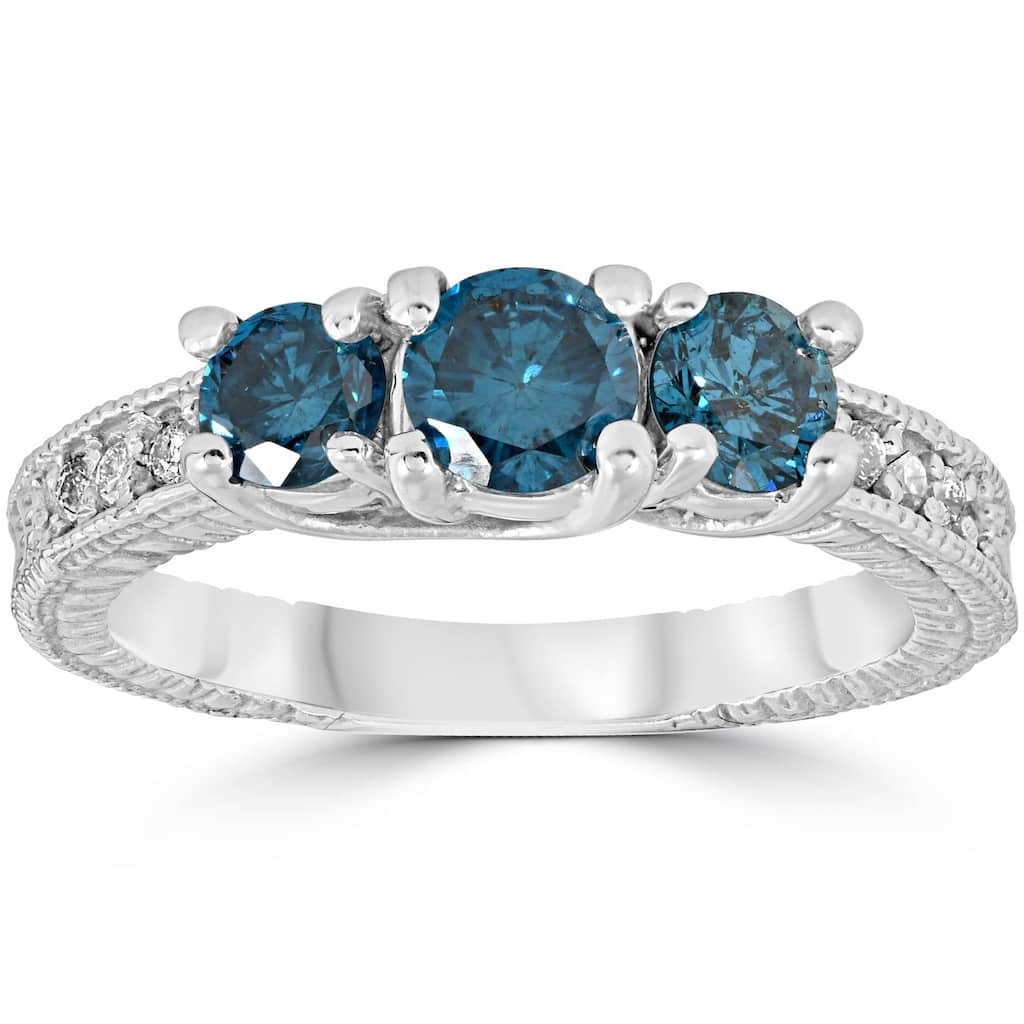 Bliss Diamond 1 Carat Treated Blue Diamond Vintage 3 Stone Ring White Gold