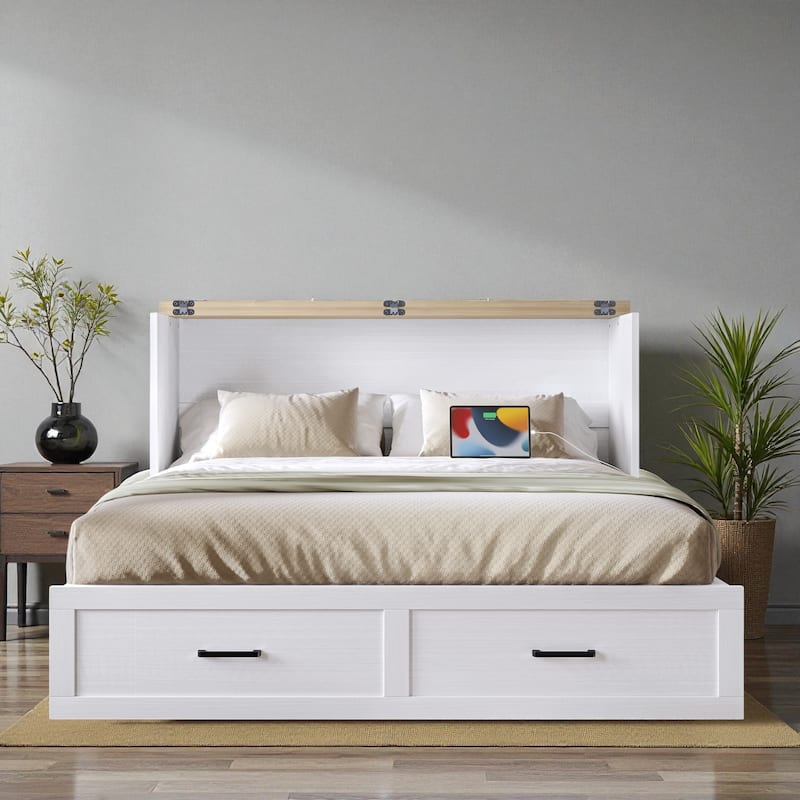 Foldable Murphy Bed Cabinet Full/Queen with USB & Type-C Ports and Storage Drawer for Guest Room