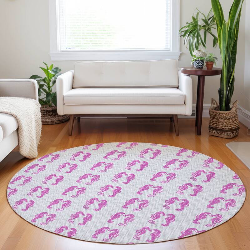 Premium Washable Super Soft Coastal Seahorse Mayfield Rug - Pink - 8' x 8' - Round