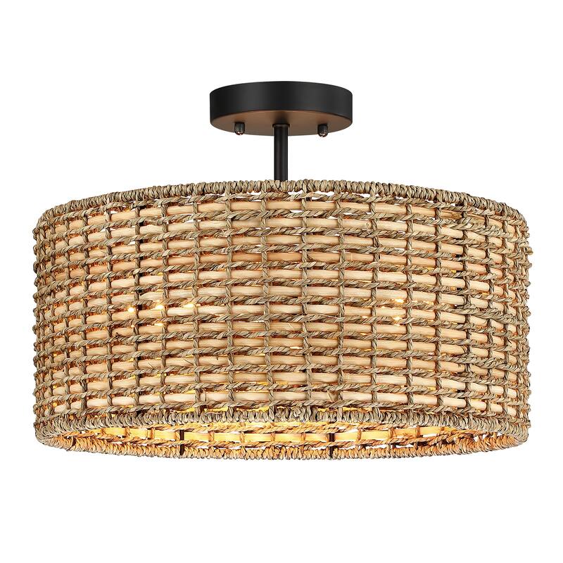 Lennie 3-Light Rattan Drum Semi-Flush Mount Ceiling Light - 16'' W