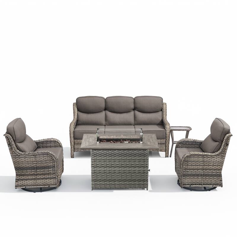 Meyreso 7-Piece Wicker Outdoor Patio Fire Pit Conversation Set with 6-Inch Thick Cushions