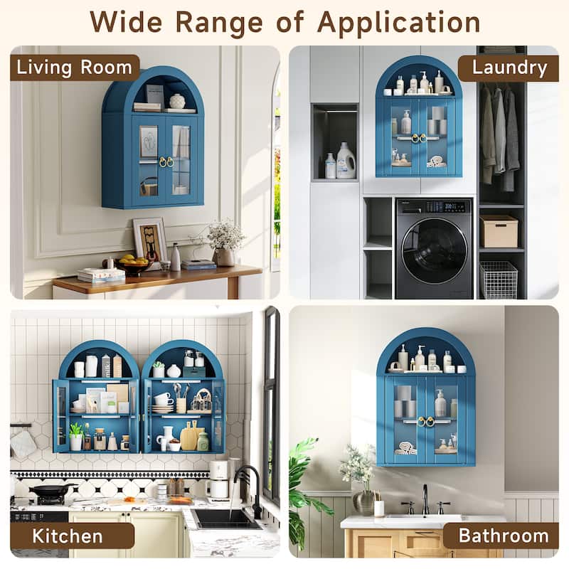 Wall Mounted Arched Cabinet with Glass Doors, Light and Adjustable Shelves for Laundry Room, Bathroom, Kitchen