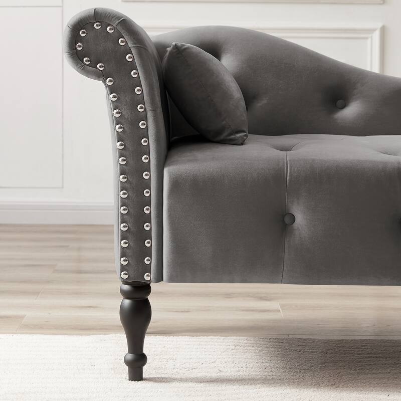 Modern 60.6" Velvet Upholstered Buttons Tufted Chaise Lounge Chair with Solid Wood Legs and Nailheads