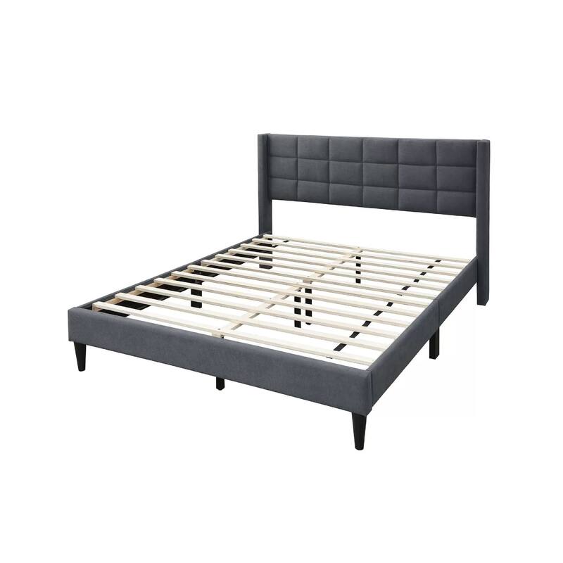 Zensa Full Bed, Charcoal Gray Linen Upholstery, Padded Wing Headboard