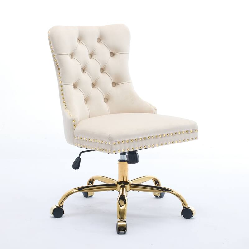 Modern Velvet Swivel Office Chair with Tufted Back/Golden Metal Base