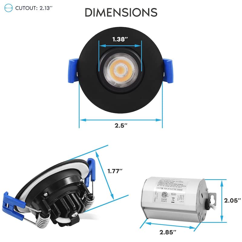 LUXRITE 2 Inch Gimbal LED Recessed Lighting J-Box CRI90 5W 5CCT Dimmable 400 Lumens Black - 2700/3000/3500/4000/5000