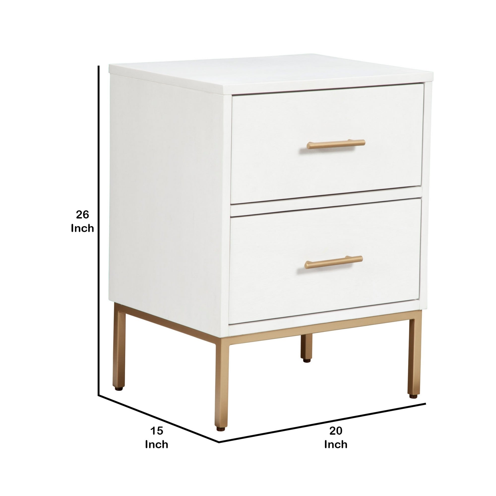 26 Inch 2 Drawer Wooden Nightstand with Metal Base White