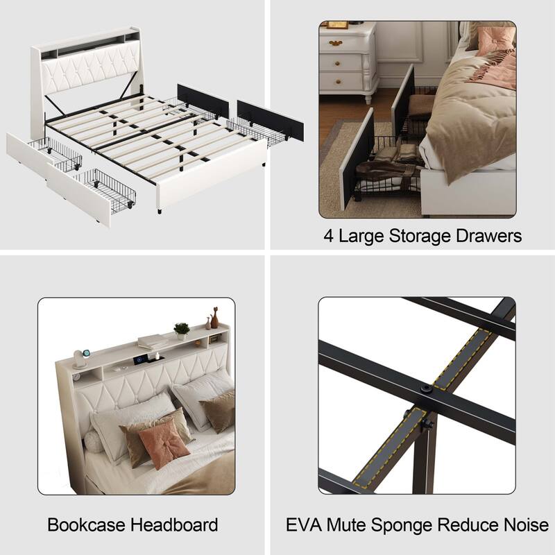 3-Pieces Bedroom Sets,Metal Bed Frame with Outlets, Charger, 4 drawers and Two Nightstands with Charging Station and LED Lights